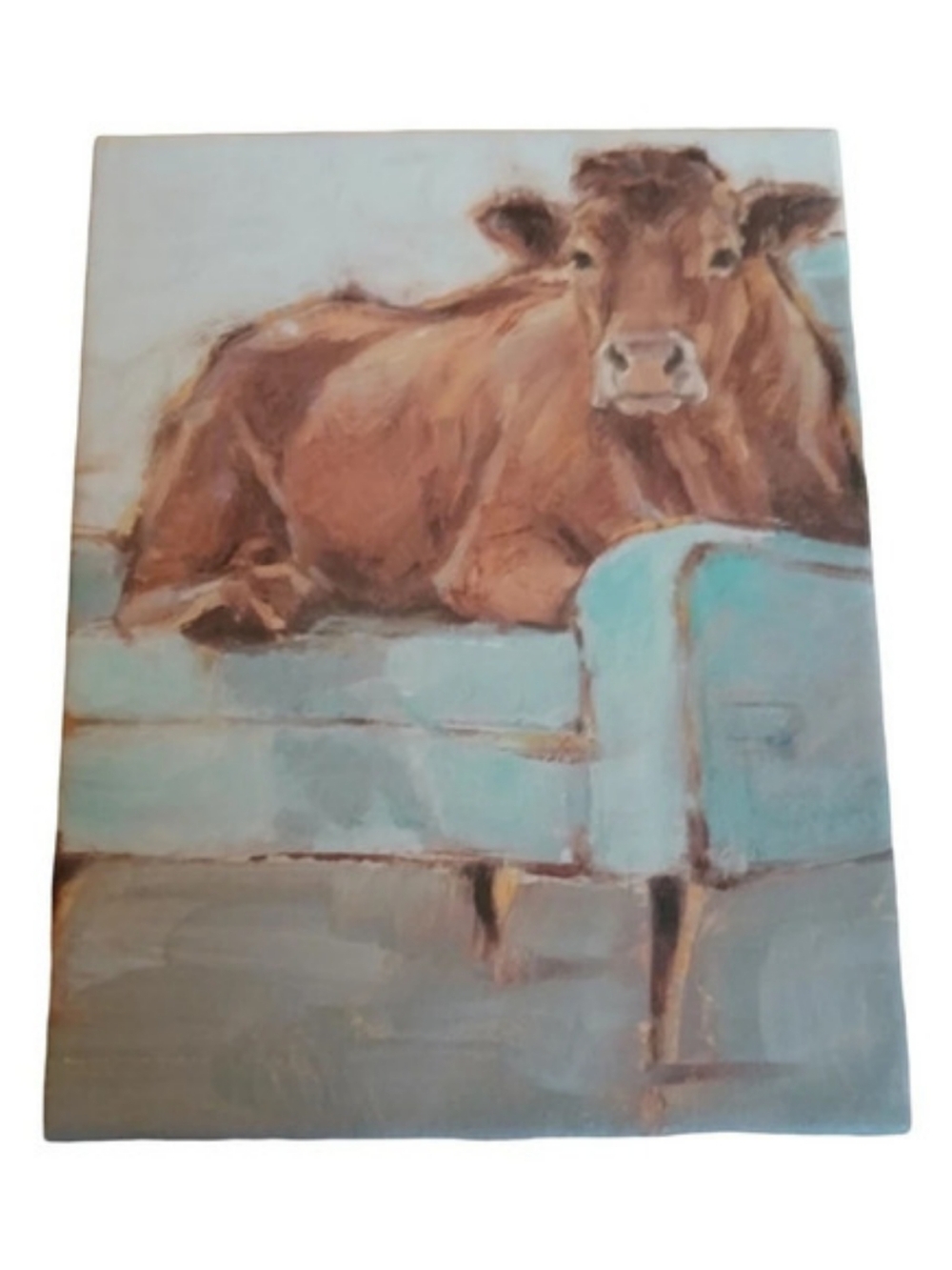 Cow Painting on Canvas Brown & Blue
